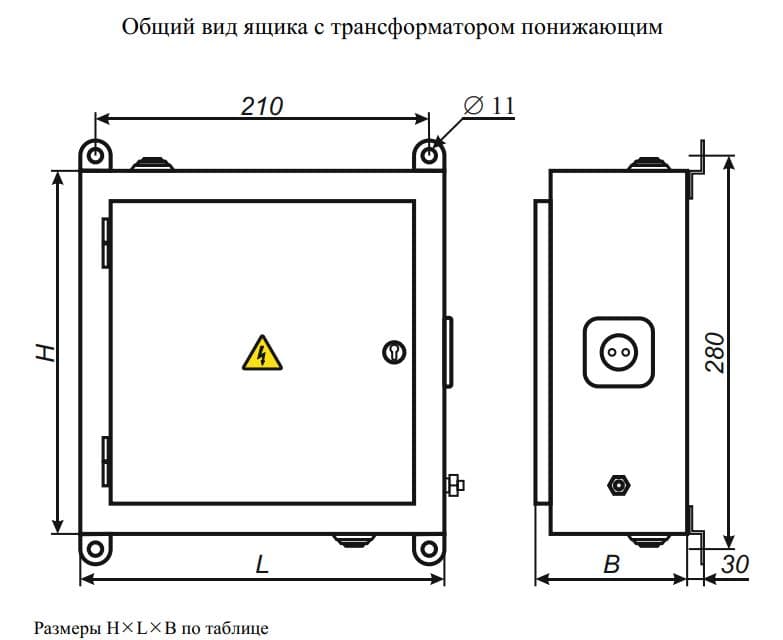 Ящики зі знижувальним трансформатором типу ЯТП — Габарити